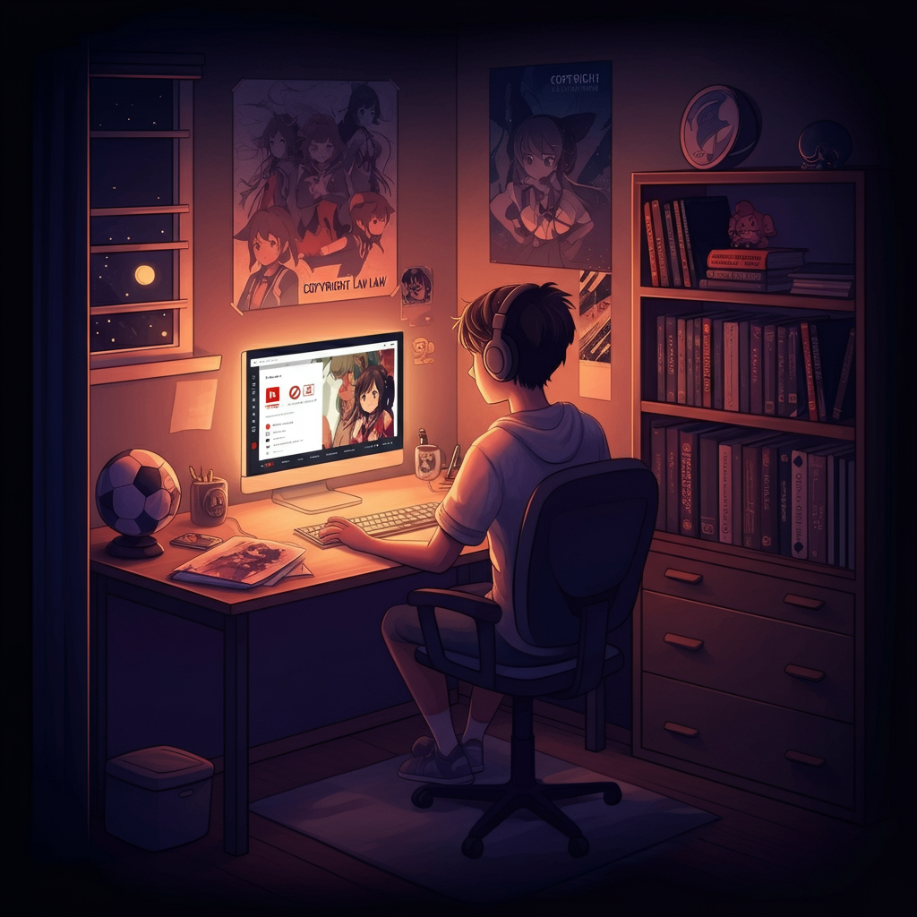 A person with headphones sits at a desk, watching a video on a monitor. Posters hang on the wall.