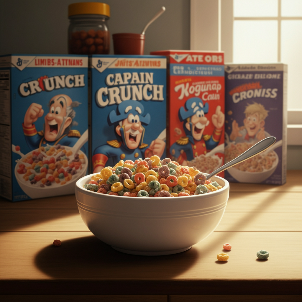 A white bowl filled with colorful cereal rings, with spoon, and cereal boxes in the background.