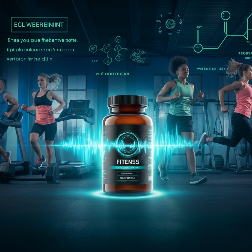 Fitness supplement bottle in a gym with people exercising on treadmills.