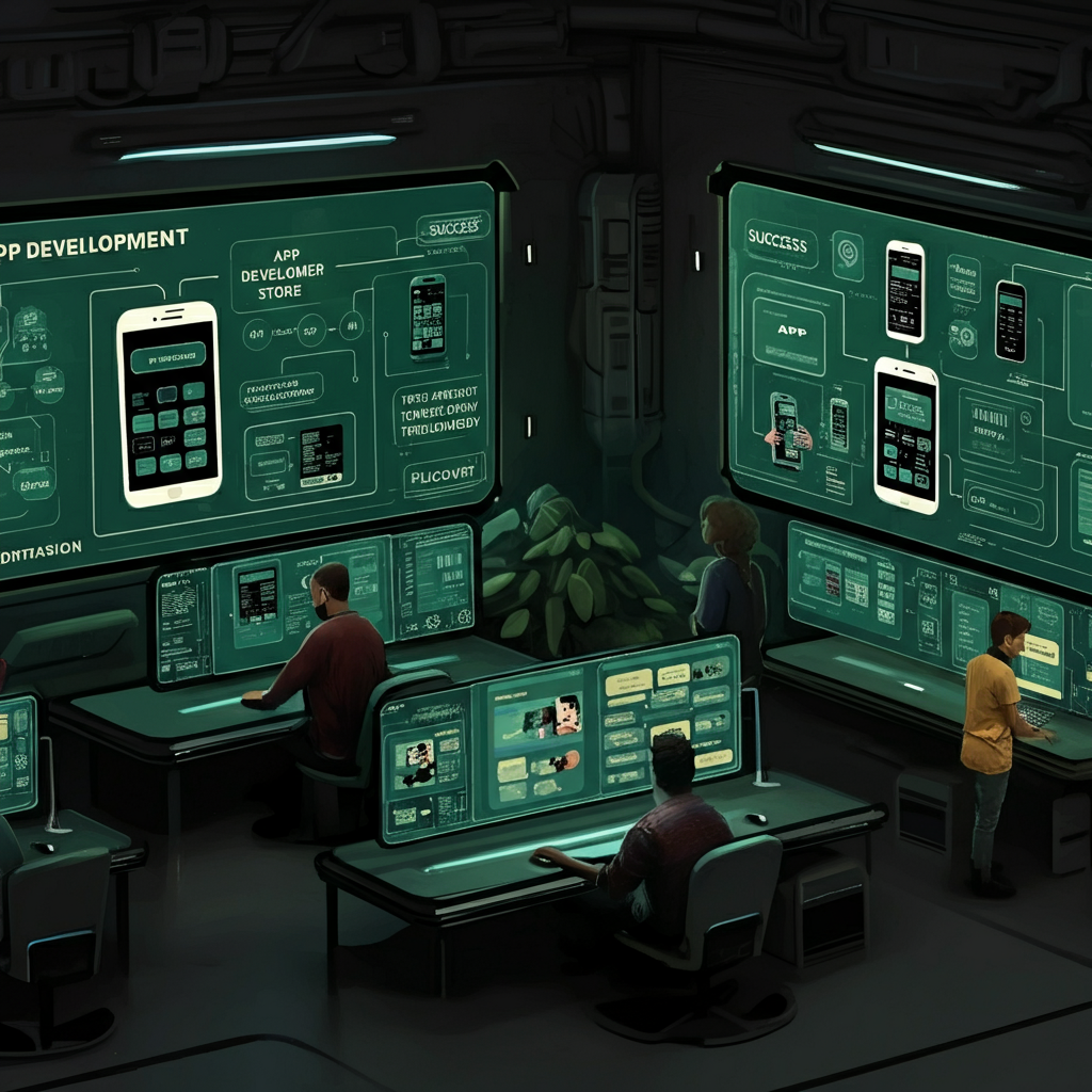 A team of four people working on app development in a tech-filled room, with green screens displaying app data.