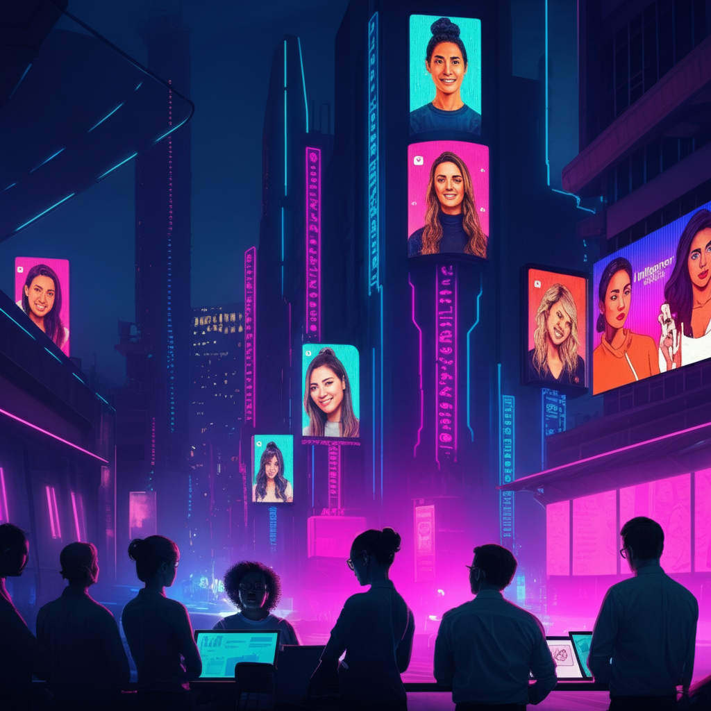 A vibrant city street at night with large digital billboards displaying portraits of women. In the foreground, several people are gathered around a table with laptops.