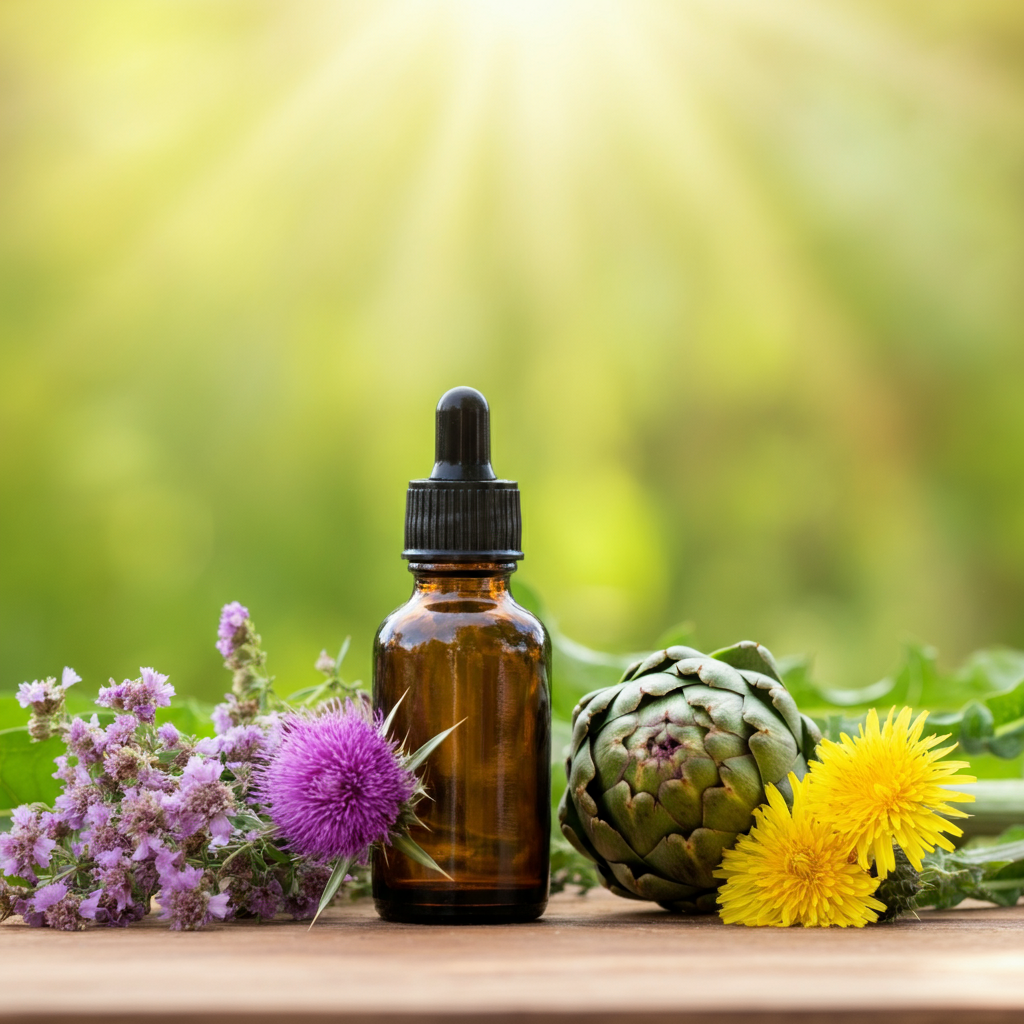A brown glass dropper bottle next to colorful flowers and an artichoke on a wooden surface with sunlight.
