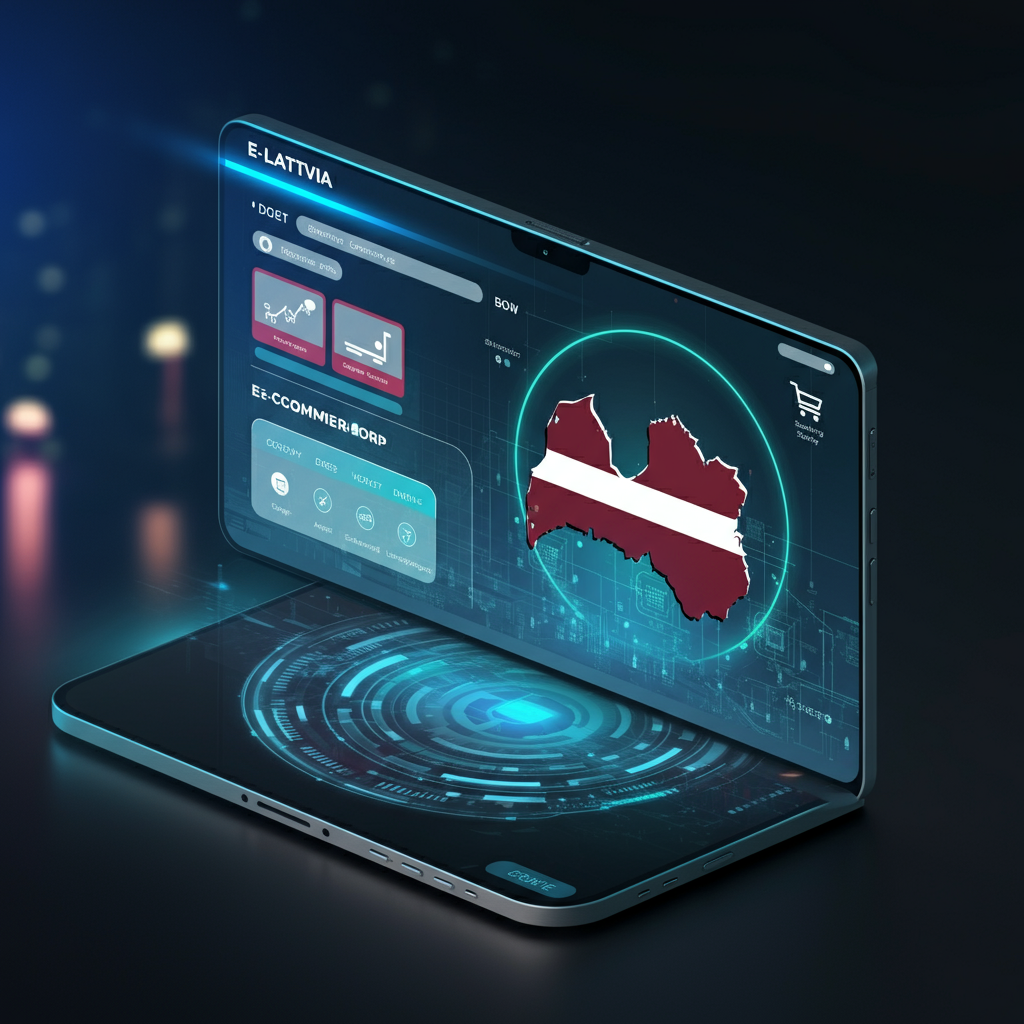 A futuristic tablet displaying an interface for E-Latvia, featuring a map of Latvia and data visuals.