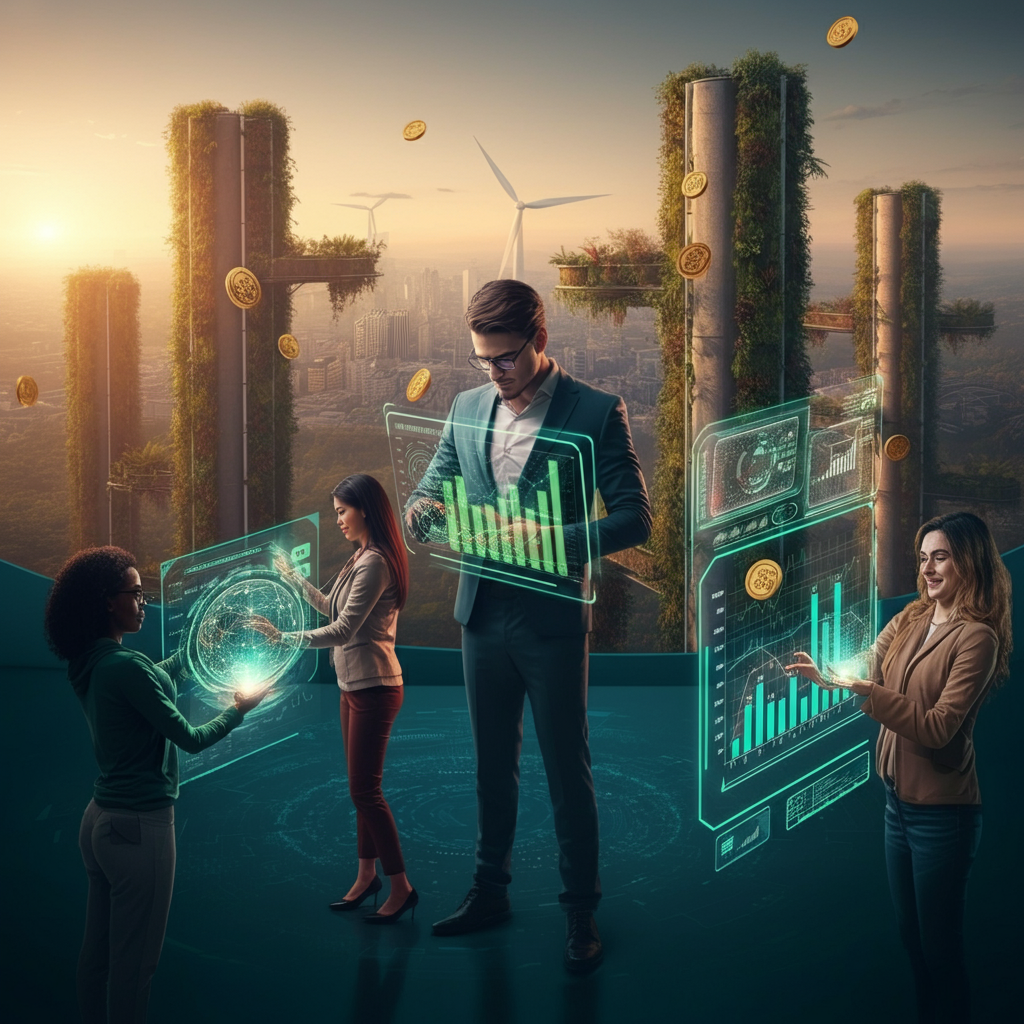 Three professionals with holographic displays showing graphs in a green city scene.