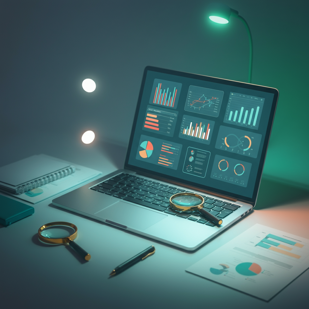 A laptop displaying data charts, a magnifying glass, a pen, and documents on a desk.