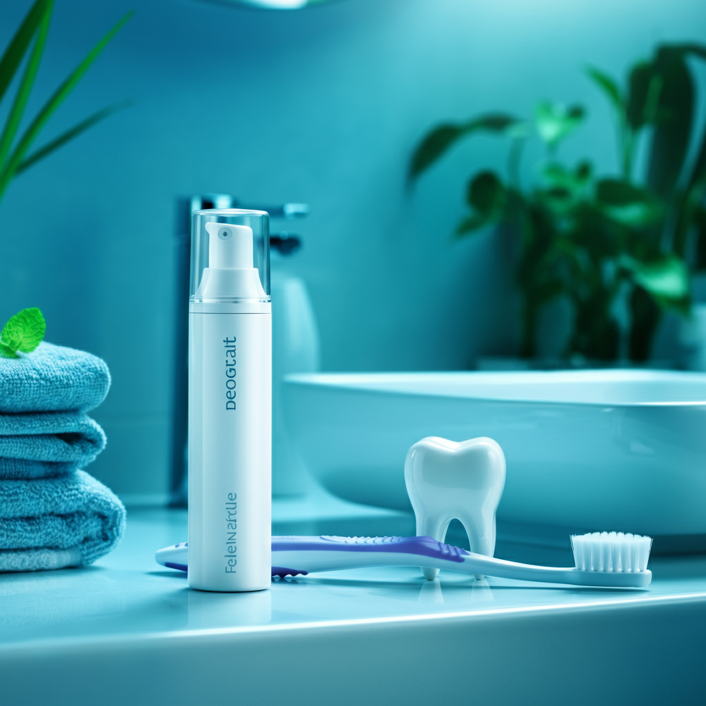 A white spray bottle, purple toothbrush, and a tooth-shaped container on a bathroom counter.
