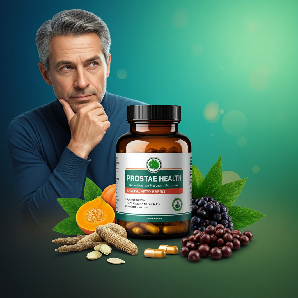 A man in a blue sweater looks thoughtfully at a bottle of Prostae Health supplements with herbs and fruits nearby.