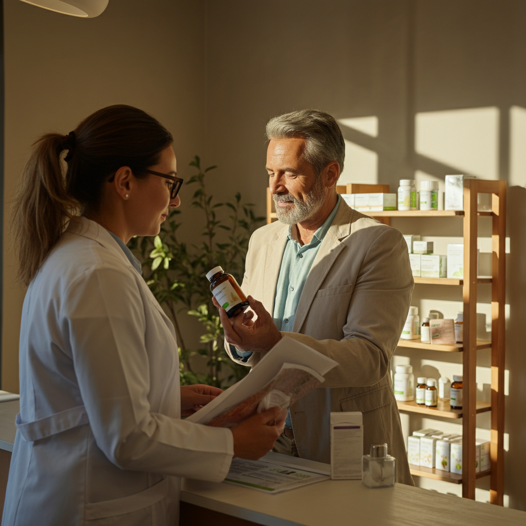 A pharmacist in a white coat talks to a gray-haired man holding a supplement bottle in a well-lit pharmacy.