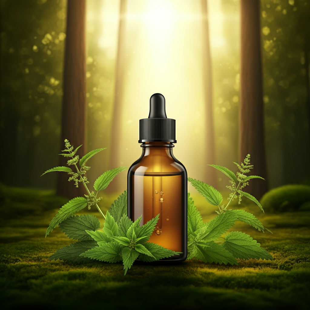 A glass dropper bottle on a bed of green leaves, with sunlight filtering through trees.