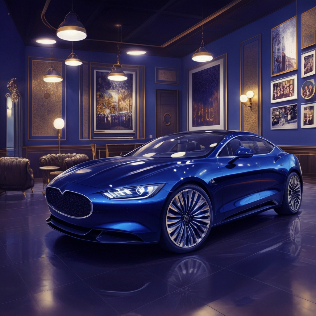 A shiny blue sports car parked in a luxurious room with blue walls and elegant furniture.