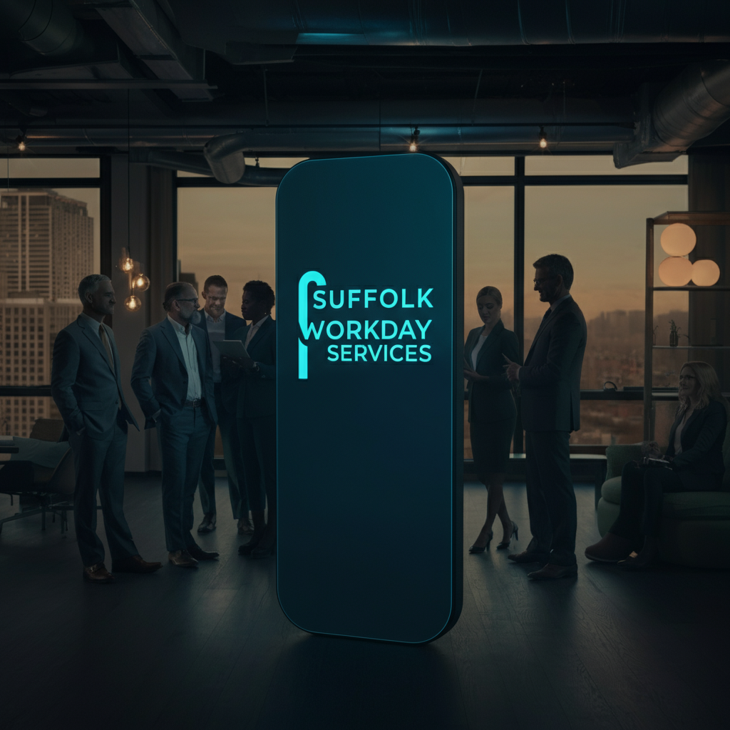 Business meeting in a modern office with a sign for Suffolk Workday Services.