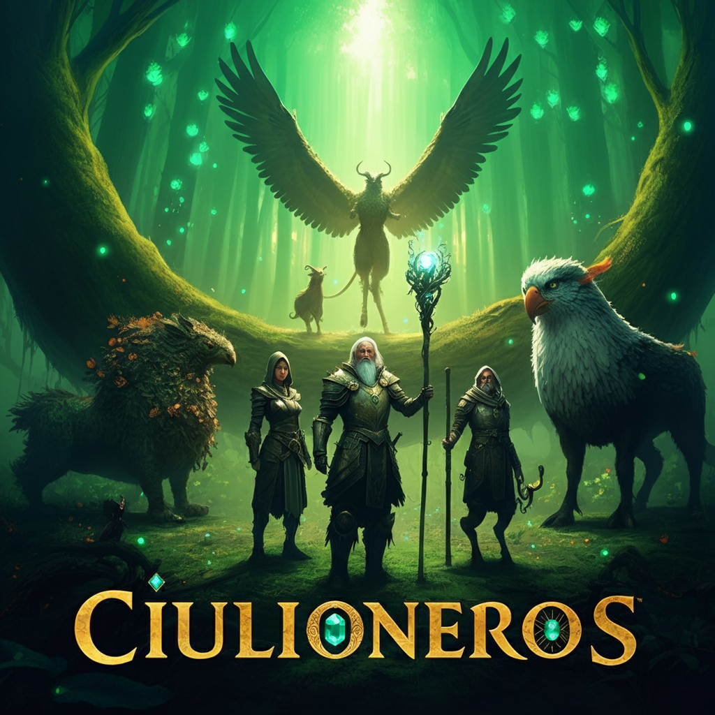 A fantasy scene with four characters in a magical forest, surrounded by mystical creatures.