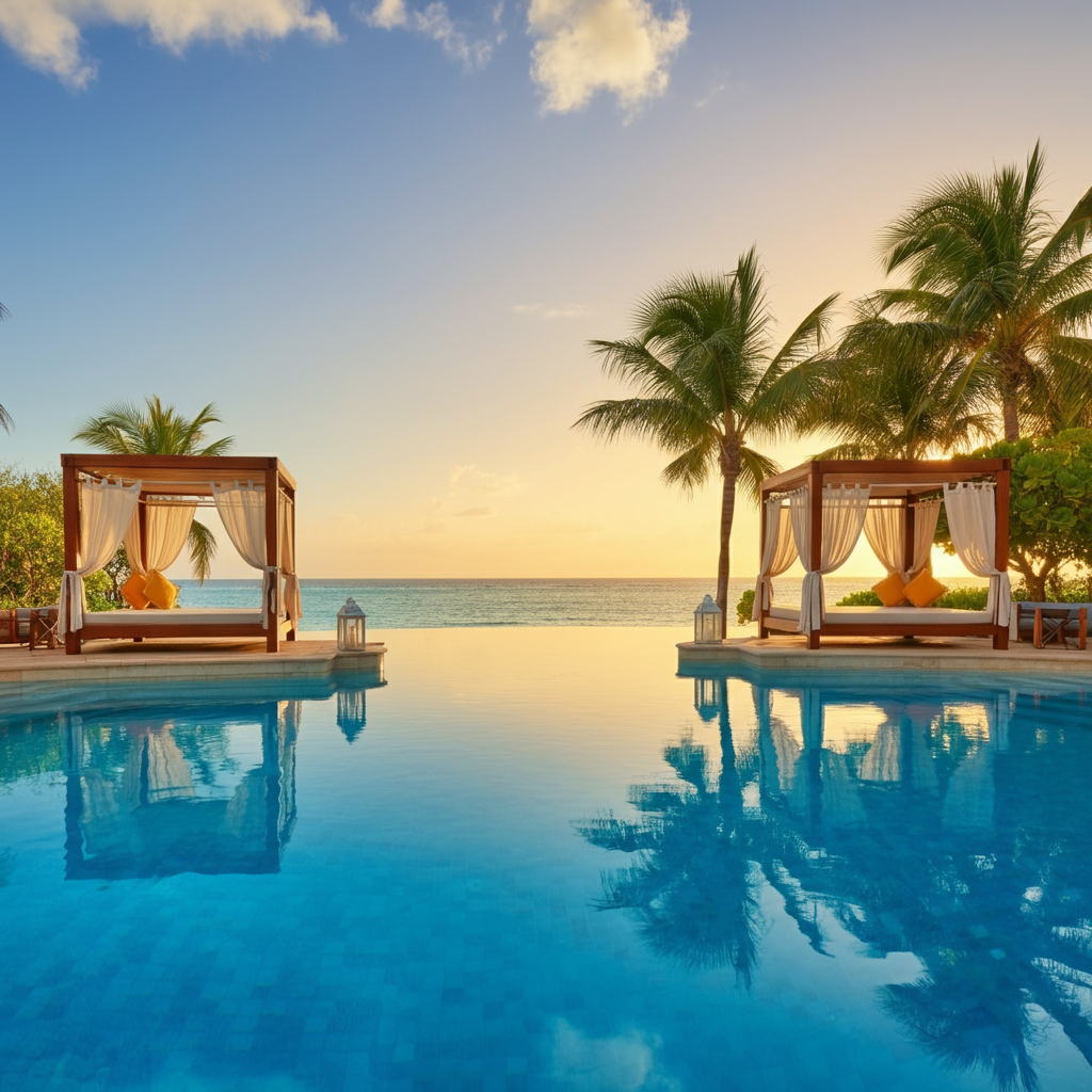 A tranquil pool with cabanas by the sea, palm trees, and a sunset sky.