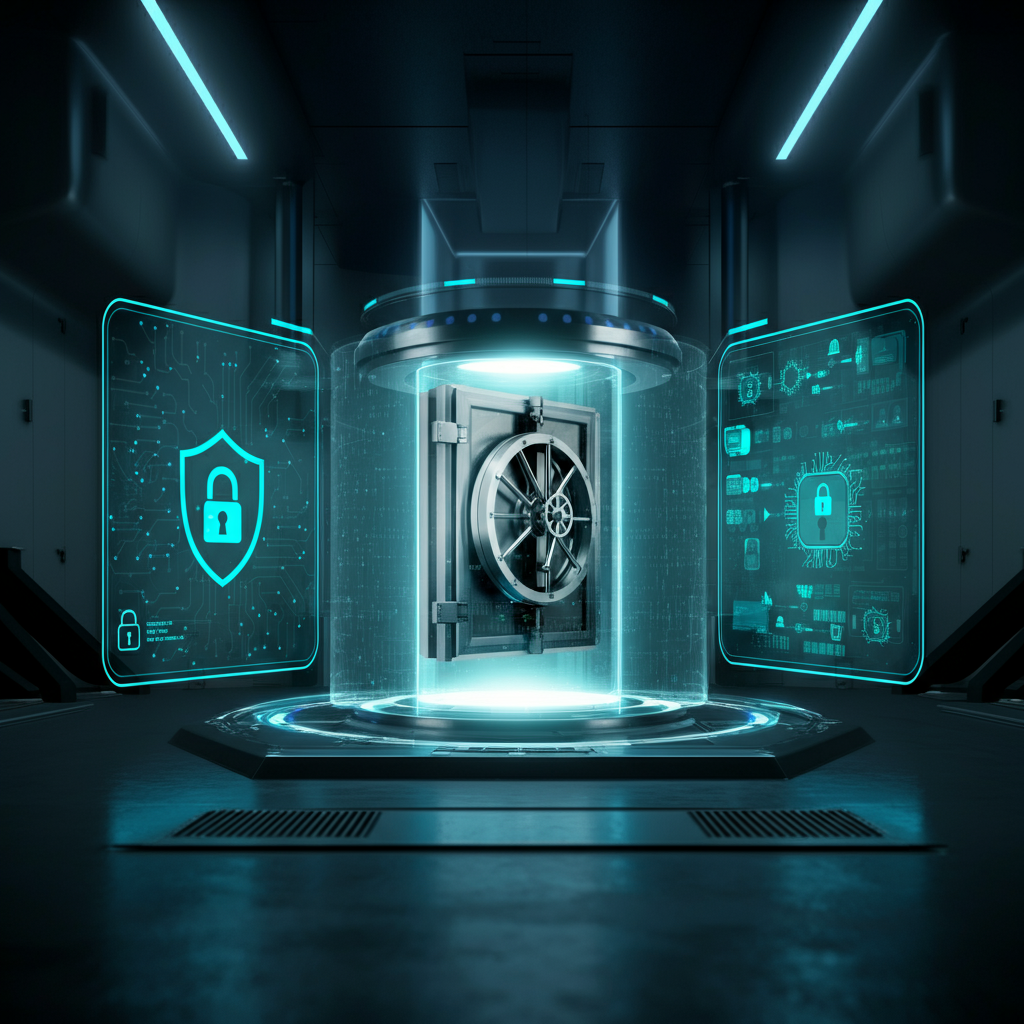 A futuristic vault with digital panels displaying security features in a high-tech room.