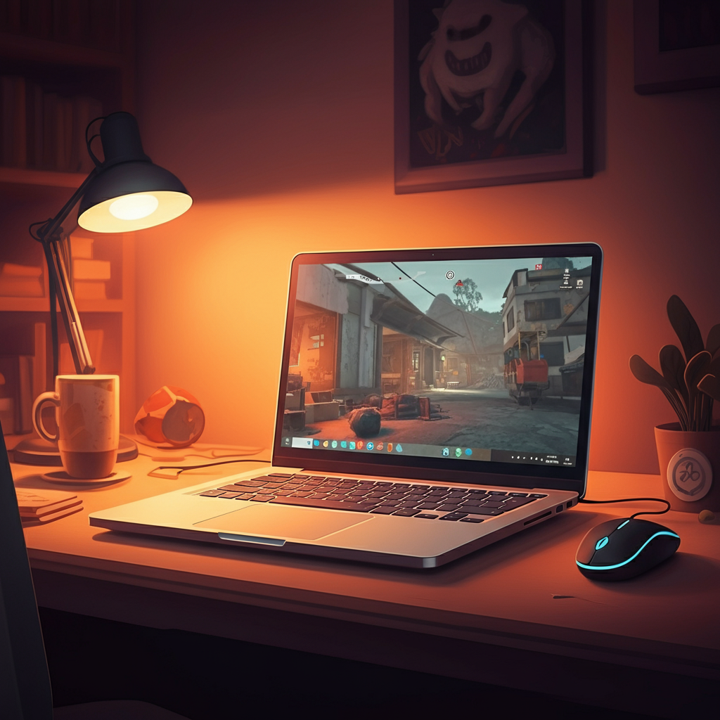 A laptop on a desk showing a game screen, with a mouse, lamp, and coffee cup nearby.