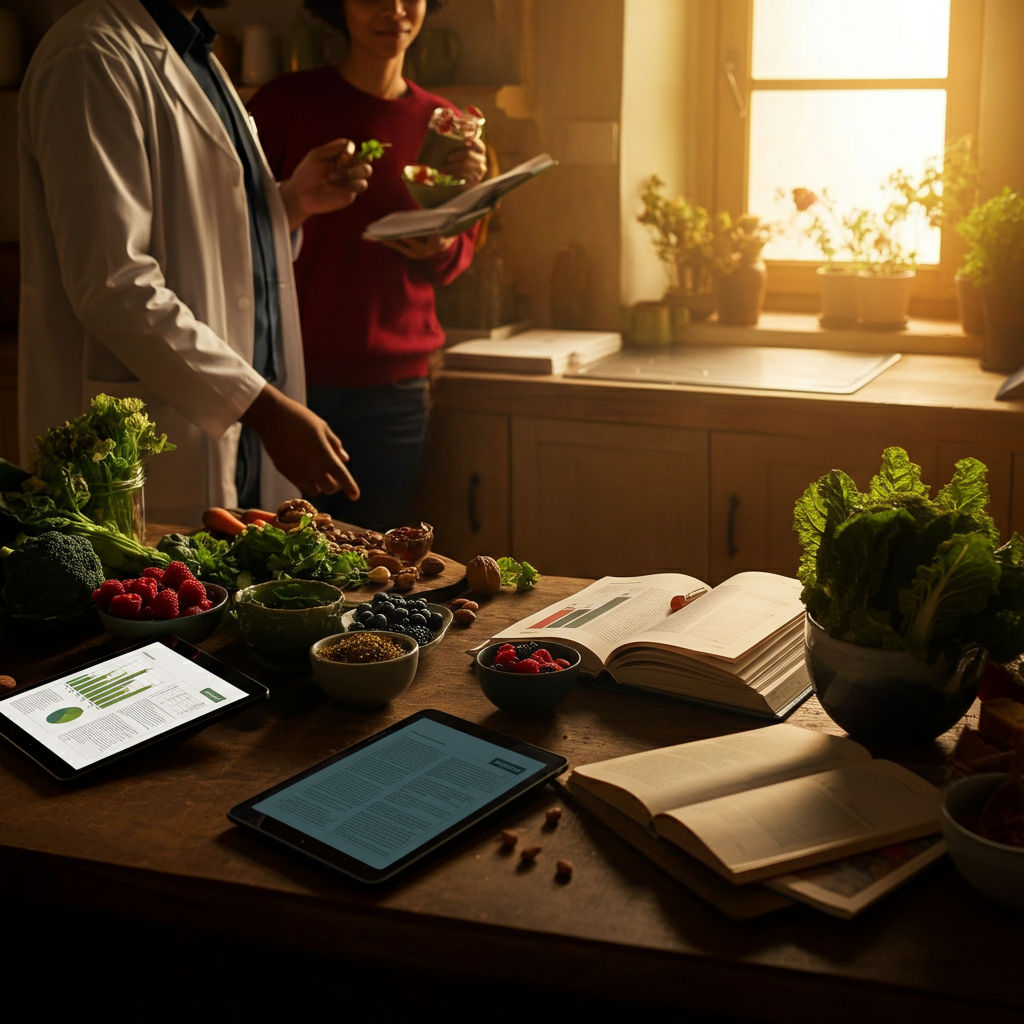 A cozy kitchen scene with a doctor and a woman holding healthy food. Fresh vegetables and fruits are on the table, along with tablets and cookbooks.