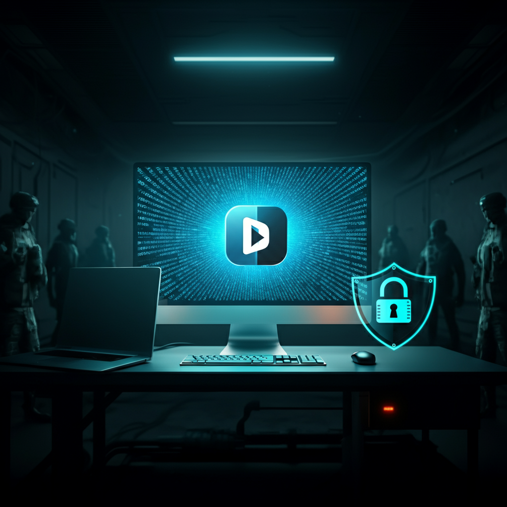A computer with a play button icon and a shield symbol on a desk in a dim room, soldiers in the background.