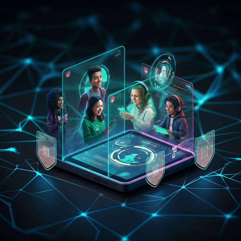 Four diverse people interacting with a holographic tablet, showcasing digital connections and data.