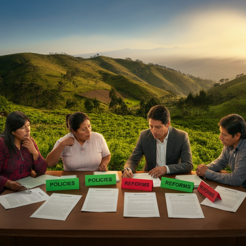Four people discussing policies and reforms on a table in a green landscape with hills.