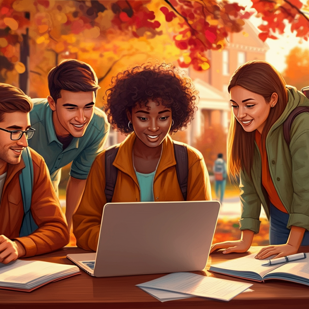 Four students gathered around a laptop outdoors in autumn, smiling and engaging with study materials.