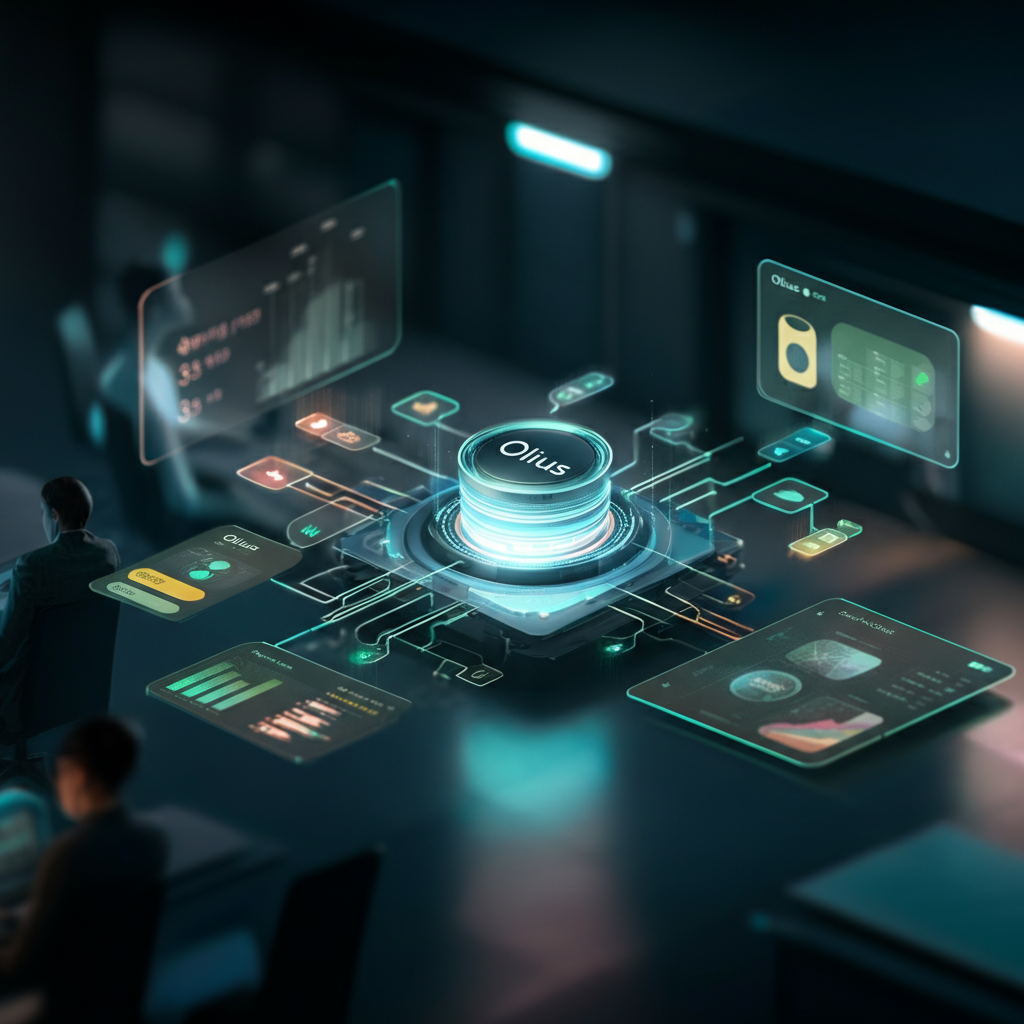 A futuristic display with a central hub labeled 'Oilius' and floating data panels showing charts and information.