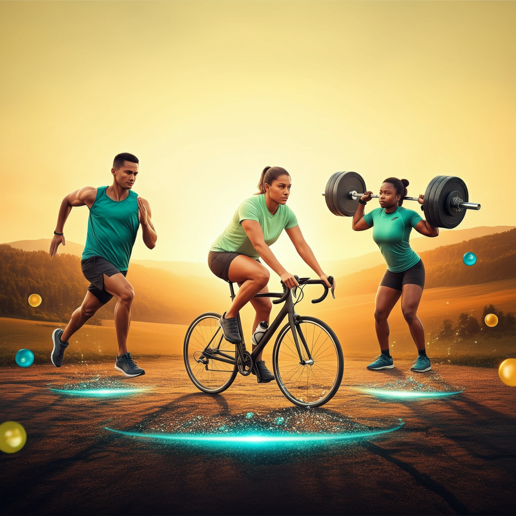 Three athletes in active poses: a runner, a cyclist, and a weightlifter, set against a sunset background.