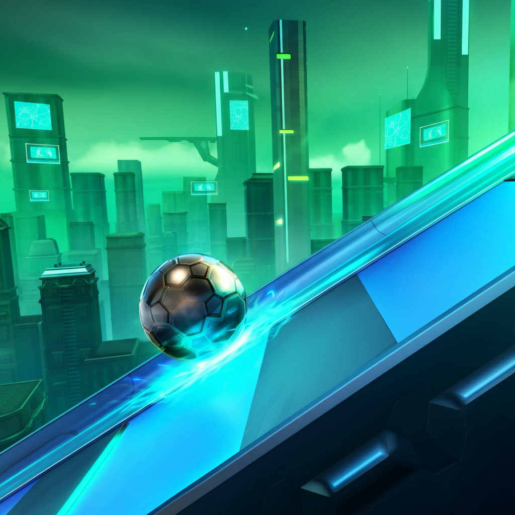 A futuristic cityscape with a shiny soccer ball rolling down a blue ramp, glowing with blue light.