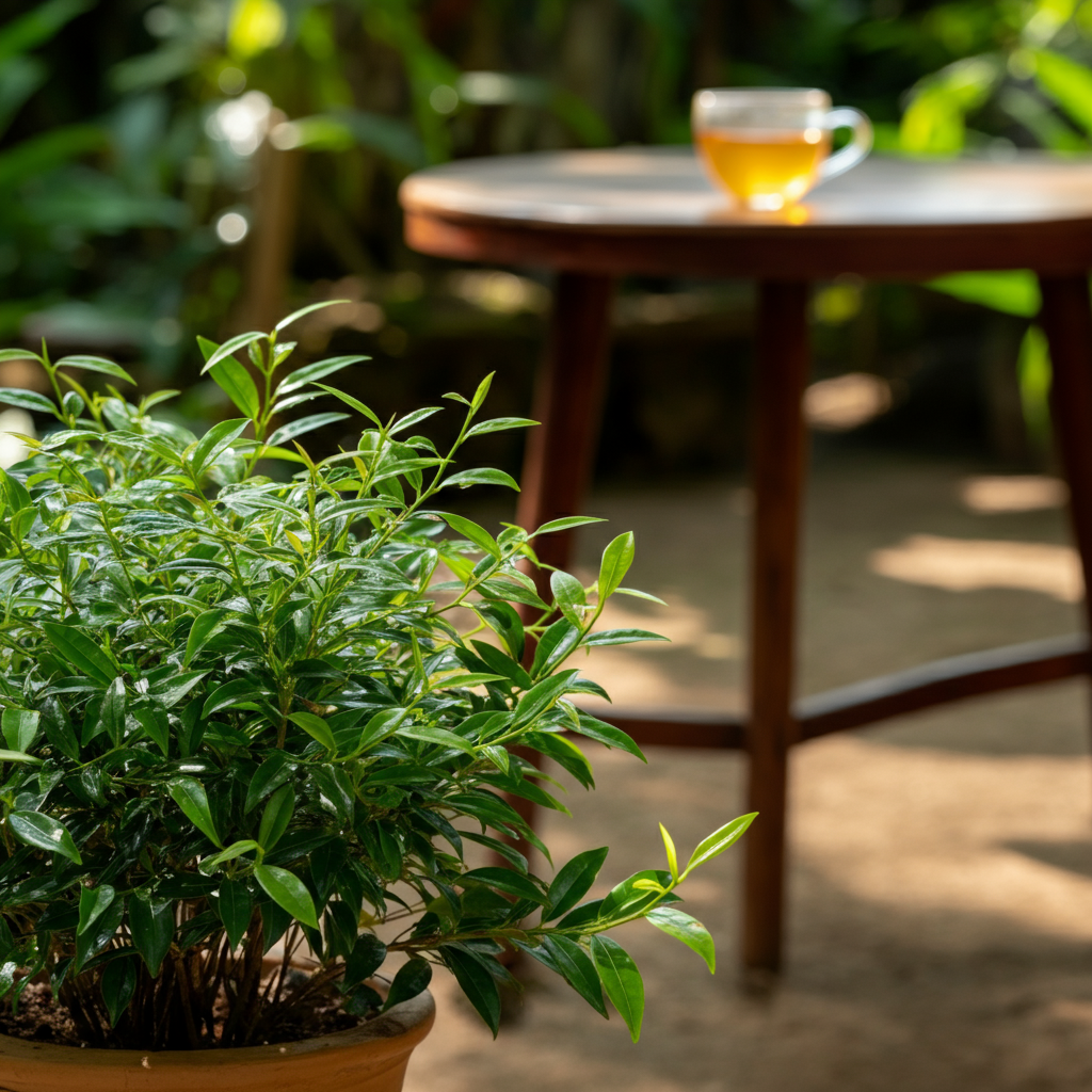 A small plant with shiny green leaves in a pot, with a wooden table and a cup of tea in the background.