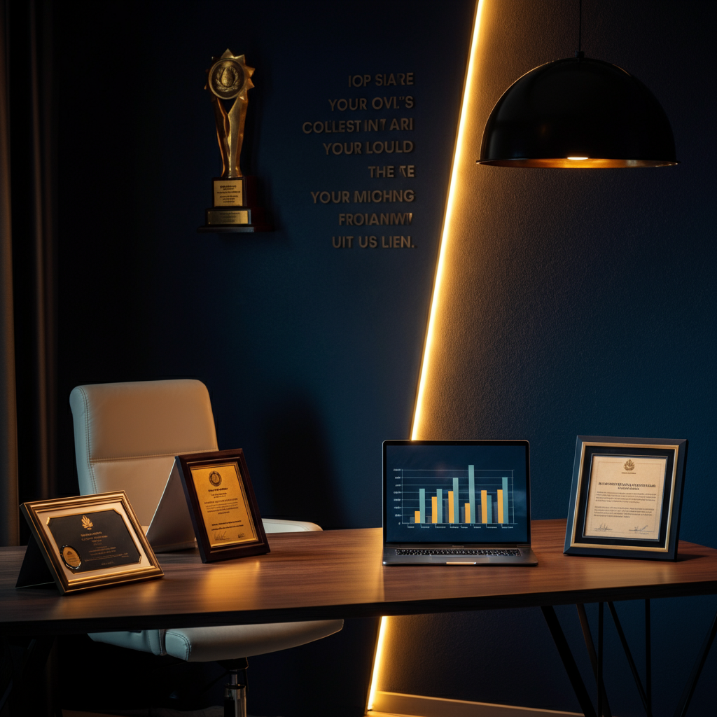 A modern office desk with a laptop showing bar graphs, certificates, a trophy, and a white chair.