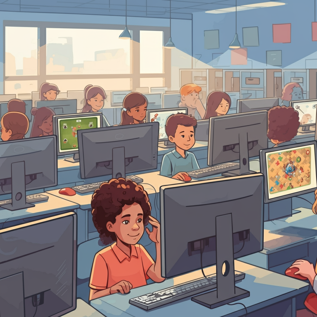 A classroom full of children using computers, playing different games. Sunlight streams through windows.
