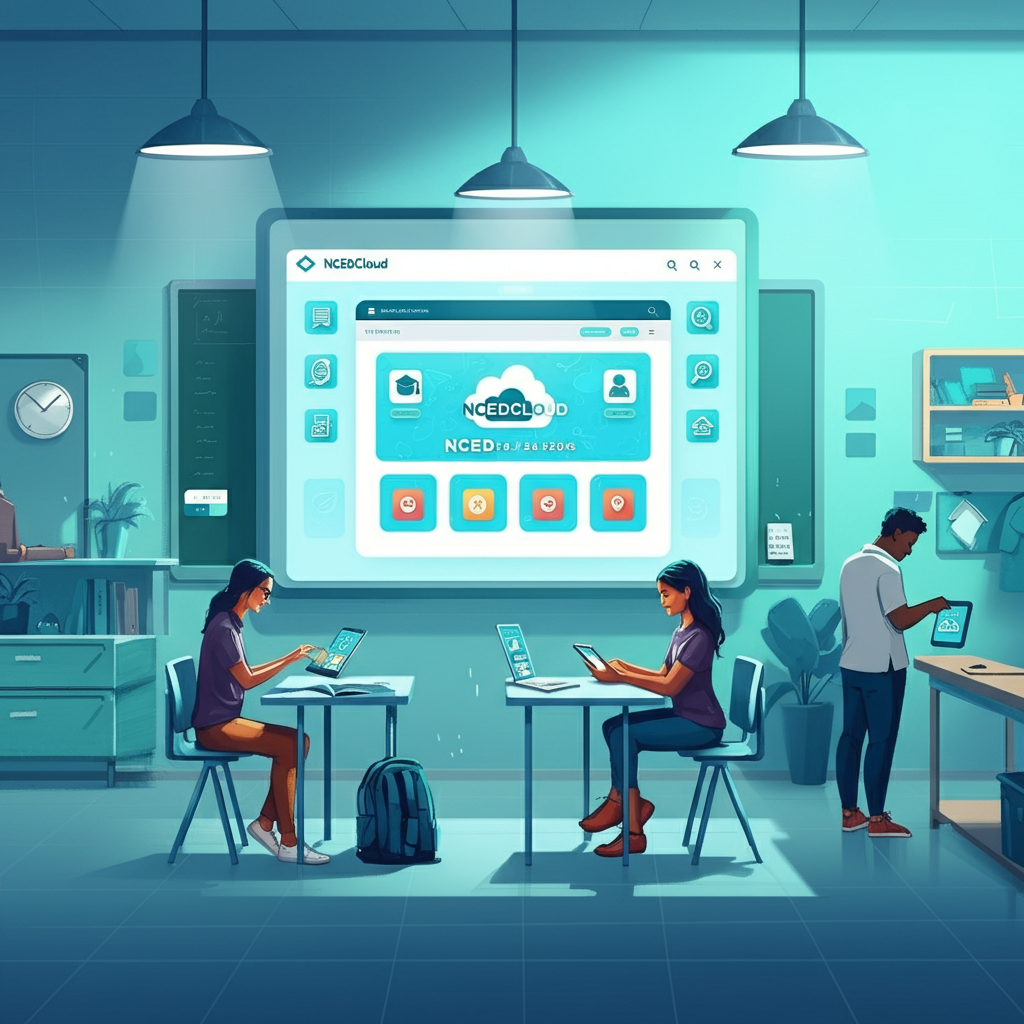 Students using laptops and tablets in a classroom with a large screen displaying NCEDCloud.